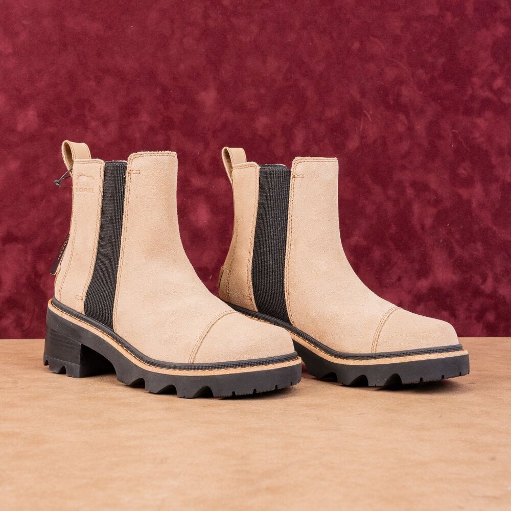 Sorel Wmn Joan Now Tan Leather Waterproof Elastic Chelsea Ankle Lug Boots sz 7.5